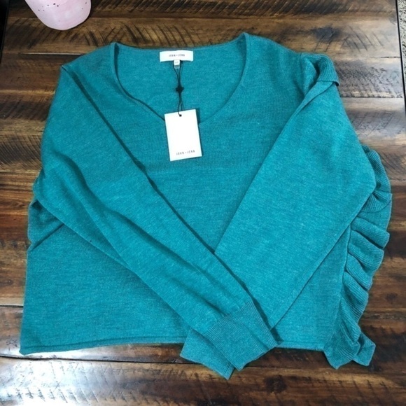 John + Jenn Teal One Shoulder Ruffle Long Sleeve Sweater Size Large - Picture 4 of 4